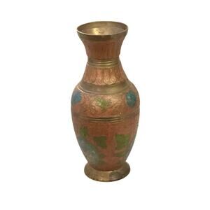 Vintage Hand-Etched Brass Vase | Enamel Floral Design | Made in India